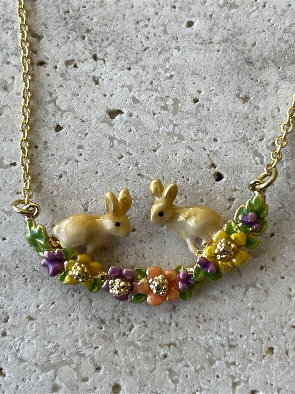 Gold-Tone Yellow Bunny Floral Necklace with Enamel Flowers